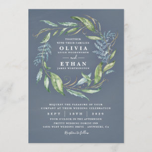 Blue Watercolor Eucalyptus Greenery Wreath Wedding Invitation