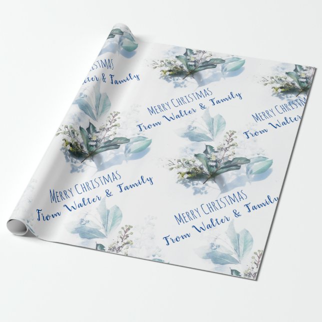 Blue watercolor fall Custom Name Christmas Gift Wrapping Paper (Unrolled)