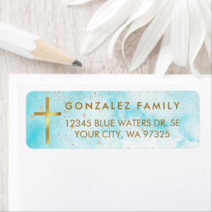 Blue Watercolor Faux Gold Foil Cross Address