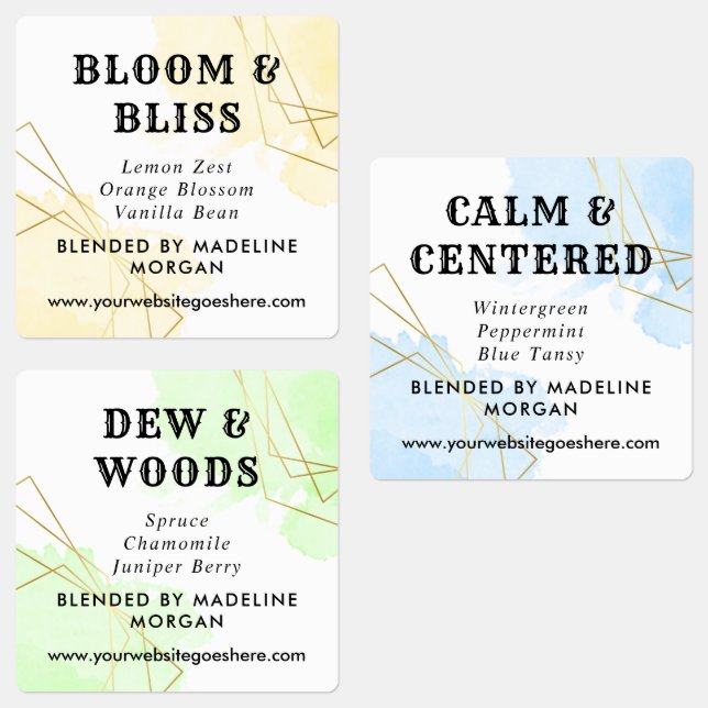 Blue Watercolor Faux Gold Geometric Essential Oils (Group)