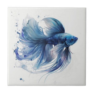 Blue Watercolor Fighting Fish Ceramic Tile