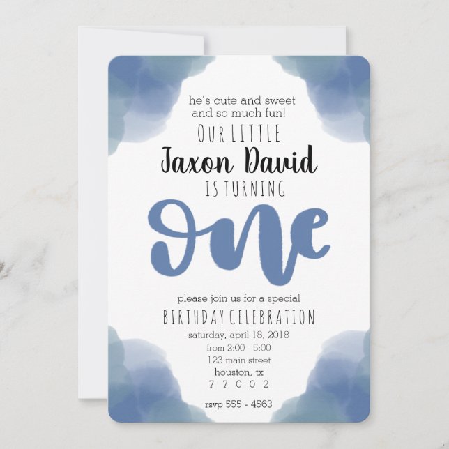 Blue Watercolor First Birthday Invitation (Front)