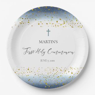 blue watercolor First Communion Paper Plate