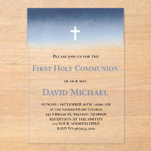 blue watercolor First Holy Communion boy Acrylic Invitations
