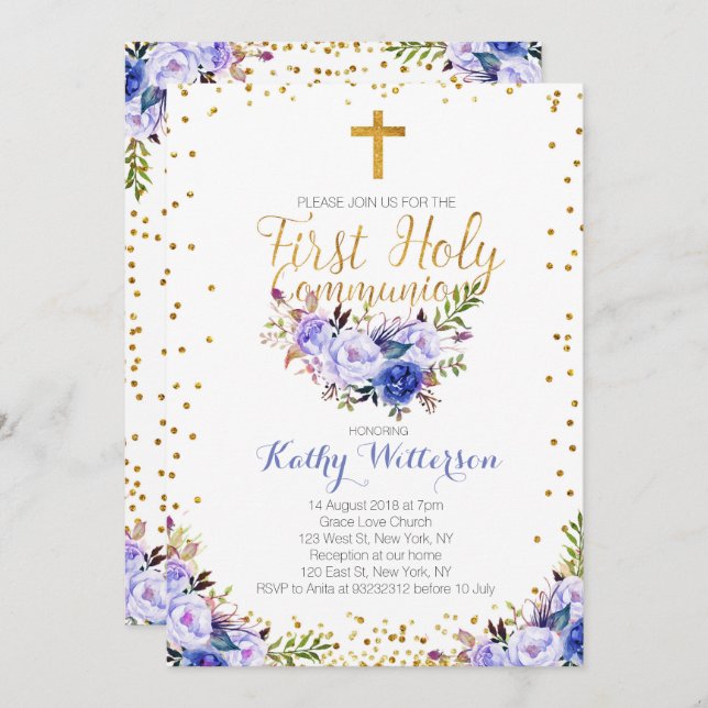Blue Watercolor First Holy Communion Invitation (Front/Back)