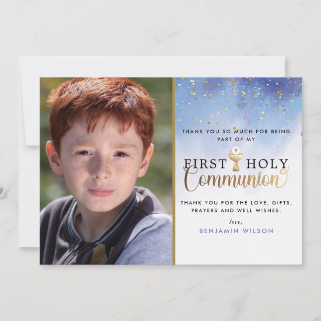 Blue Watercolor First Holy Communion Photo Thank You Card (Front)