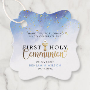 Blue Watercolor First Holy Communion Thank You Favour Tags