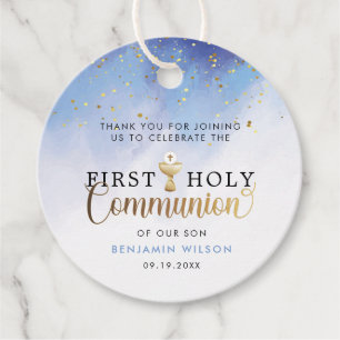 Blue Watercolor First Holy Communion Thank You Favour Tags