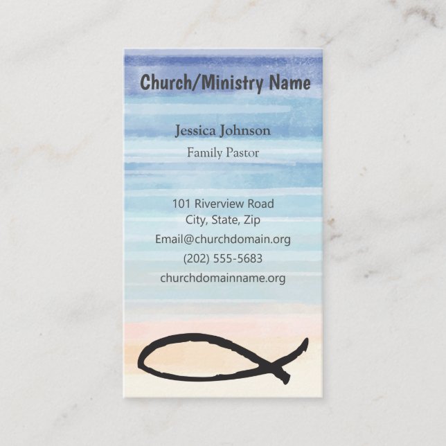Blue watercolor Fish Church Ministry Business Card (Front)