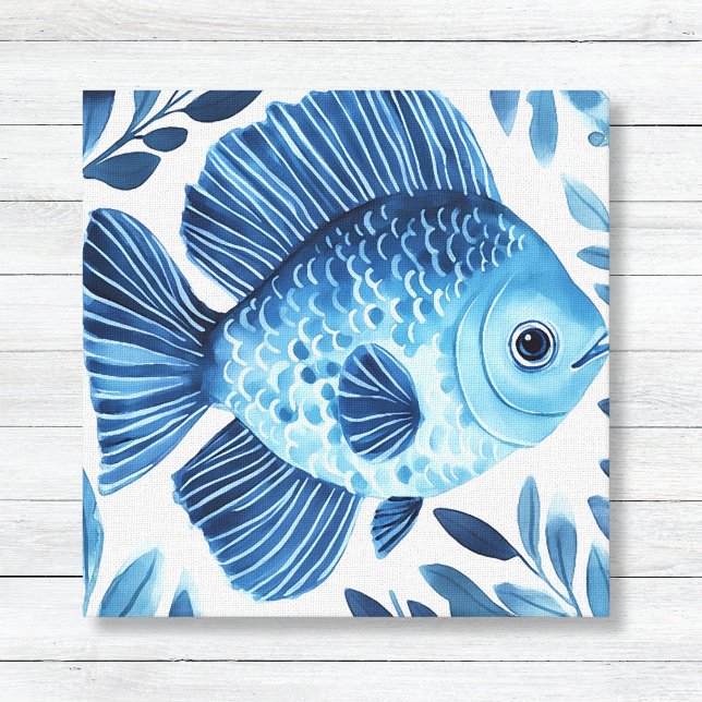 Blue Watercolor Fish Coastal Decor Canvas (Blue Watercolor Fish and Seaweed - Coastal Beach House and Bathroom Wall Art Canvas)
