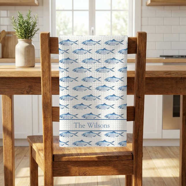 Blue Watercolor Fish Swimming  Tea Towel (Blue Watercolor Fish Kitchen Towel)