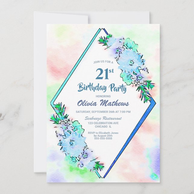 Blue Watercolor Floral 21st Birthday Invitation (Front)