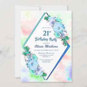 Blue Watercolor Floral 21st Birthday Invitation