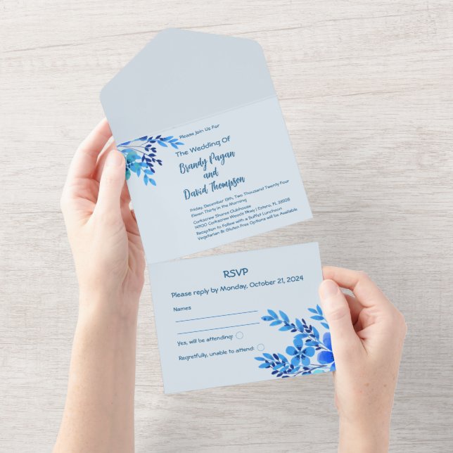 Blue Watercolor Floral All in One Wedding Invite (Tearaway)