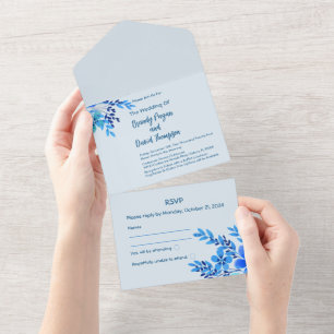 Blue Watercolor Floral All in One Wedding Invite