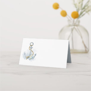 Blue Watercolor Floral Anchor Nautical Wedding Place Card