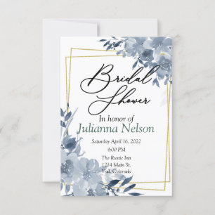 Blue watercolor floral and gold frame  invitation