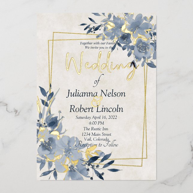 Blue watercolor floral and gold frame wedding  (Front)