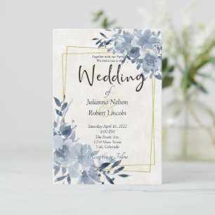Blue watercolor floral and gold frame wedding invi invitation
