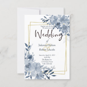 Blue watercolor floral and gold frame wedding invi invitation
