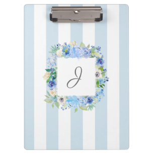 Blue Watercolor Floral and Stripes with Monogram Clipboard