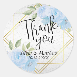 Blue Watercolor Floral and White Glitter Classic Round Sticker