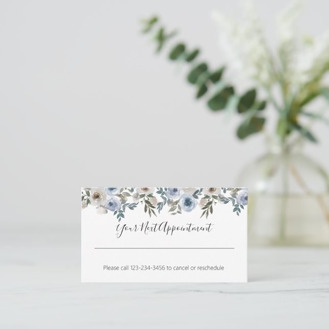 Blue Watercolor Floral Appointment Reminder  Business Card (Standing Front)