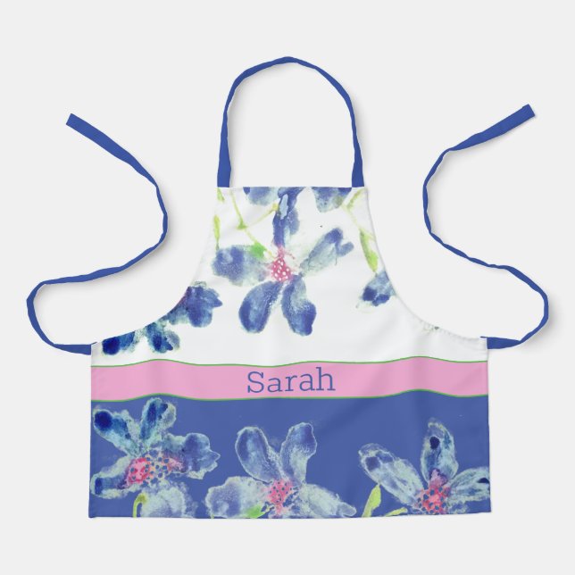 Blue Watercolor Floral Apron (Front)