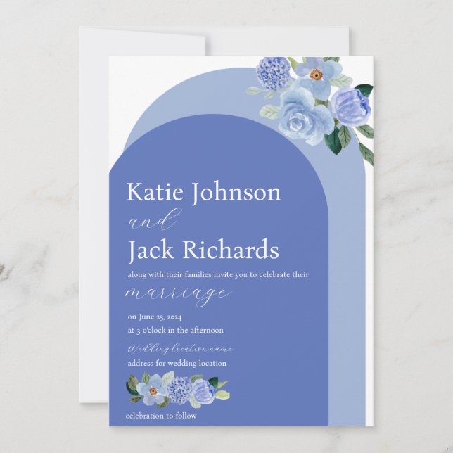 Blue Watercolor Floral Arch Wedding Invitation (Front)