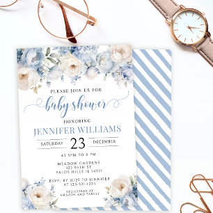 Blue watercolor floral baby boy shower invitation