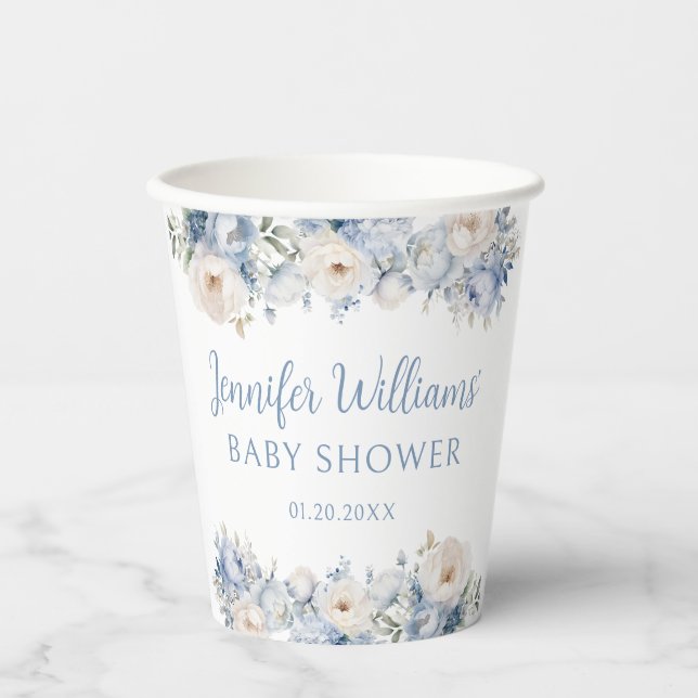 Blue watercolor floral baby boy shower paper cups (Front)