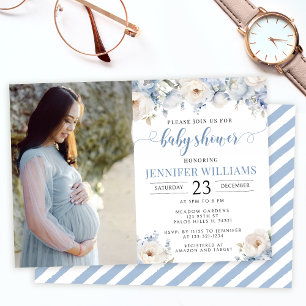 Blue watercolor floral baby boy shower photo invitation