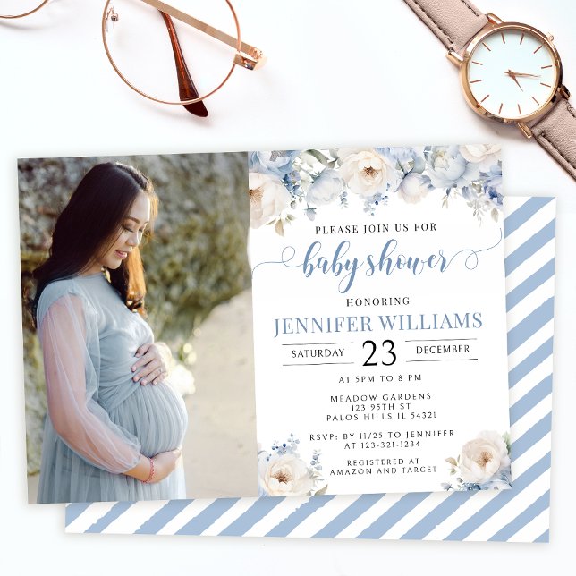 Blue watercolor floral baby boy shower photo invitation (Creator Uploaded)