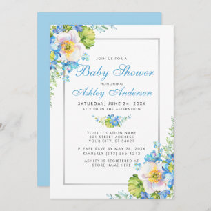 Blue Watercolor Floral Baby Shower Invitation
