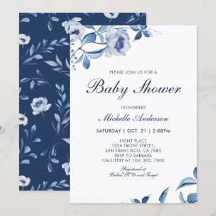 Blue Watercolor Floral Baby Shower Invitation