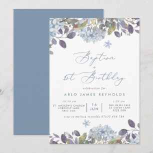 Blue Watercolor Floral Baptism & 1st Birthday Invitation