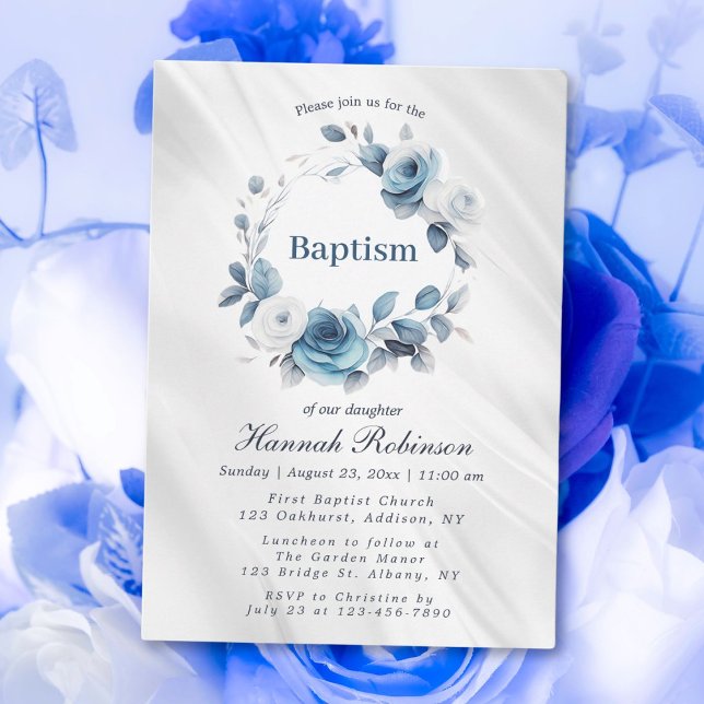 Blue Watercolor Floral Baptism Invitation (Creator Uploaded)