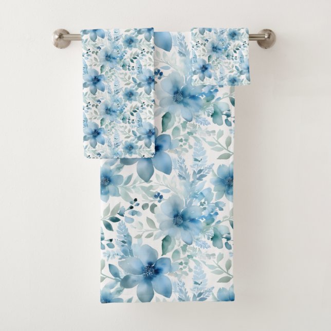 Blue Watercolor Floral Bath Towel Set (Insitu)