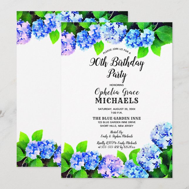 Blue Watercolor Floral Birthday Party Invitation (Front/Back)