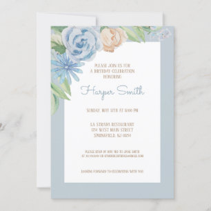 Blue Watercolor Floral Birthday Party Invitation