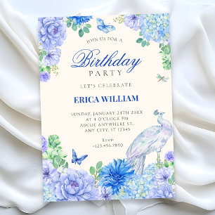 Blue watercolor floral bloom peacock birthday invitation