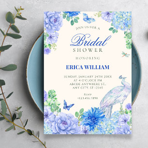 Blue watercolor floral bloom peacock bridal shower invitation