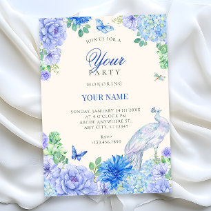 Blue watercolor floral bloom peacock invitation