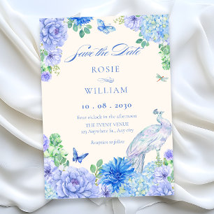 Blue watercolor floral bloom peacock wedding save the date