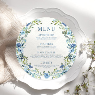 Blue watercolor floral boho round Menu Card Plate