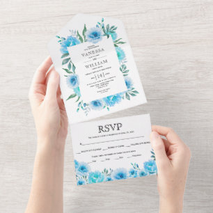 Blue watercolor floral border sping wedding all in one invitation