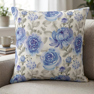 Blue Watercolor Floral Botanical Garden Decor Cushion