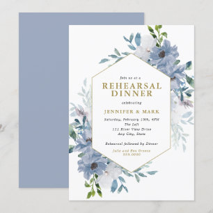 Blue Watercolor Floral Bouquet Rehearsal Dinner Invitation