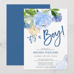 Blue Watercolor Floral Boy Baby Shower Invitation
