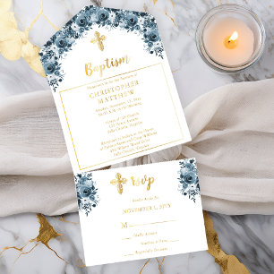 Blue Watercolor Floral Boy Baptism All In One Invitation